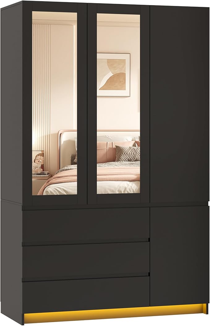 3 Doors Armoire Wardrobe Closet with 3 Drawers & Mirror, Modern Wooden Bedroom Armoires with Hanging Rod Led Lights for Bedroom, Black
