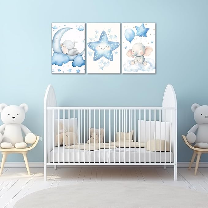 Nursery Wall Art Baby Boy Wall Decor Blue Elephant Moon and Stars Painting Prints Cute Animal Canvas Poster for Kids Room Decor Framed(Baby-2,12L x 16W x 3Pcs)
