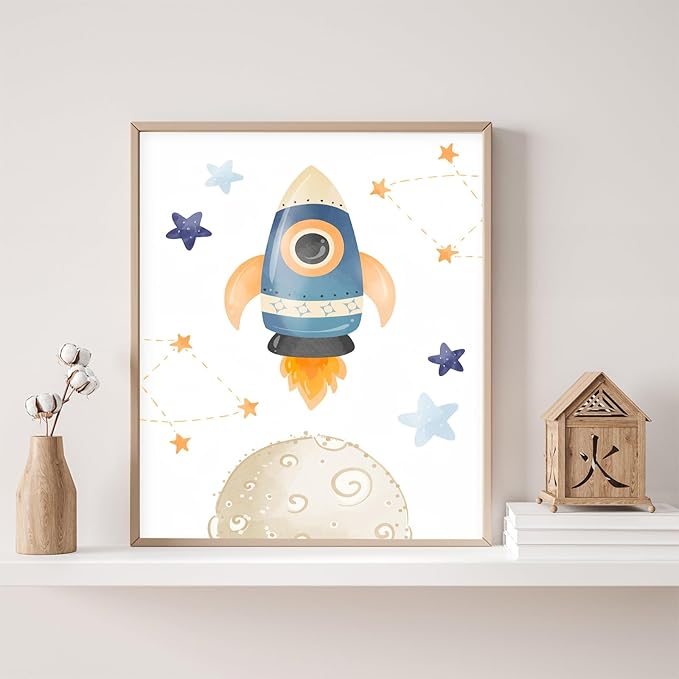 Space Wall Art Soft Pastels Space Wall Art for Boys 3 Piece Rocket Astronaut Planet Set (12x16 Inch Unframed Decor Toddler Nursery Art Whimsical Bedroom Posters)