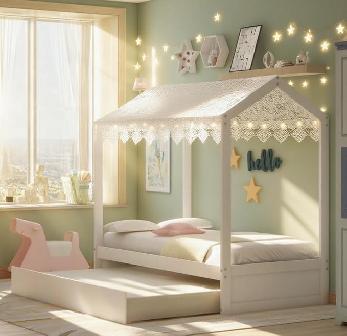 Merax House Bed with Trundle, Solid Wood Twin Size Daybed for Girls & Boys, Kids Platform Bed Frame with Roof for Bedroom, No Box Spring Needed, White