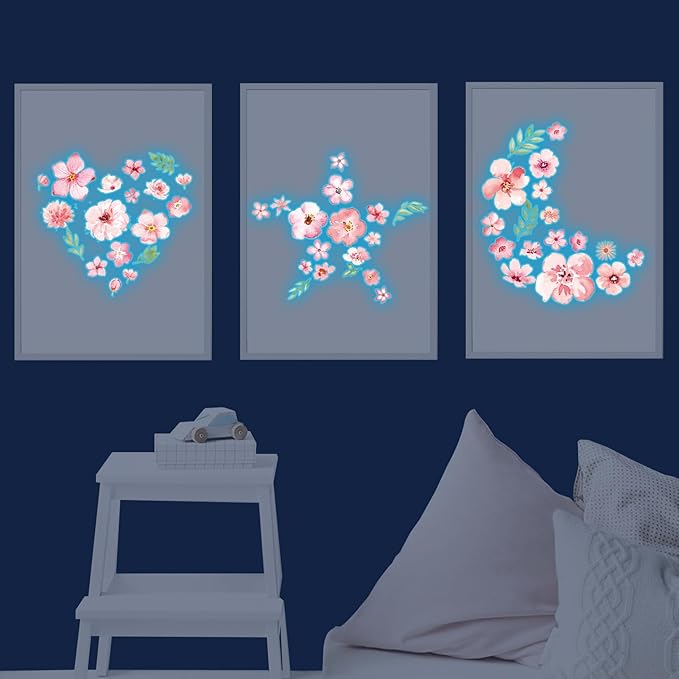 Glow in The Dark Boho Flower Wall Decals，Glowing Luminous Pink Watercolor Flower Wall Stickers Removable self-Adhesive Wildflower Decals for Girls Bedroom Kids Baby Nursery Living Room Decor