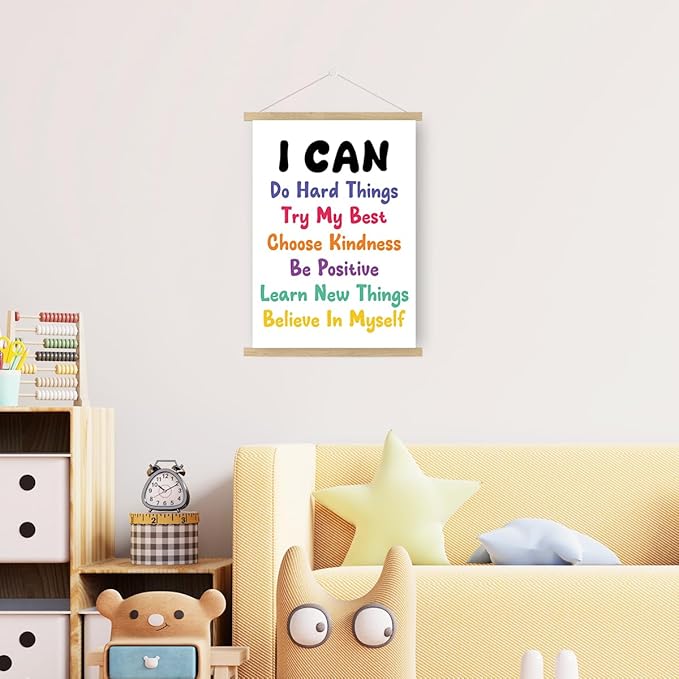 Qswo Positive Affirmations Wall Decor,I Can Do Hard Things Wall Art Poster Hanger Frame,Inspirational Hanging Canvas Wall Decor for Kids Room Nursery Classroom