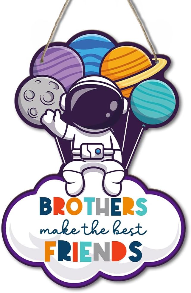 Space Decor for Boys Room Space Themed Bedroom Signs Spacing Astronaut Door Sign Inspirational Quote Brothers Make the Best Friends Hanging Decoration for Boys Room Nursery Playroom Wall Decor