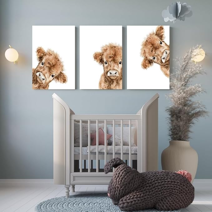 Peeking Cow Nursery Wall Art, Cute Highland Cow Print, 3 Piece Watercolor Baby Animal Nursery Wall Decor, Farmhouse Picture for Baby Boy Girl Room Decor, Framed Canvas Set, 16"x24"x3