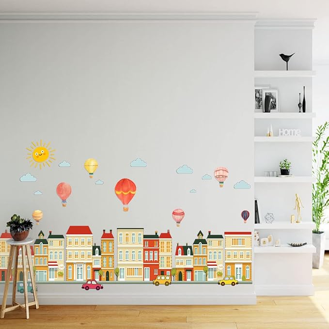 Cartoon City Wall Decals, Whimsical Hot Air Balloons, Houses, Animals, Rainbow, Sun, Clouds Design, Removable Vinyl Stickers for Kids Room, Nursery, Bedroom, Playroom Decor (Colorful-02)