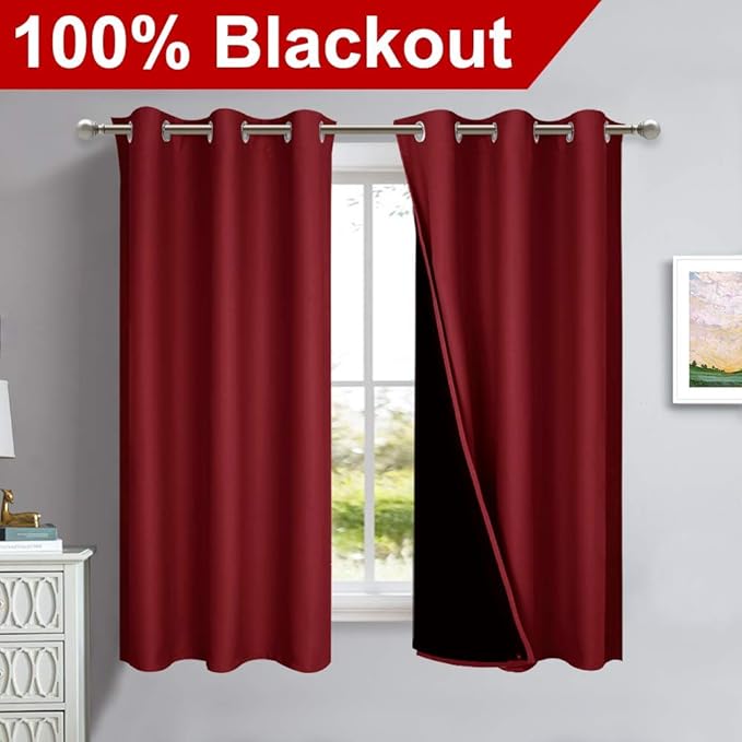 NICETOWN 100% Blackout Curtains 45 inches Long, Burgundy Red, 1 Pair, 42 inches Width Each Panel, 2 Thick Layers Completely Blackout Window Treatment Thermal Insulated Lined Drapes for Small Window