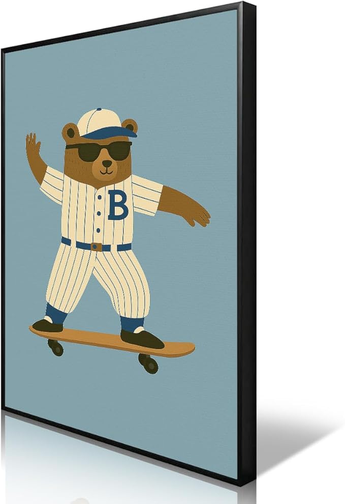 Skateboard Canvas Wall Art, Nursery Animal Sports Posters, Fashion Sunglasses Bear Athletes Pictures, No.1 Kiddo Inspirational Quote Print, Funny Skateboard Rabbit Dog Painting 8x12in Wrapped Canvas