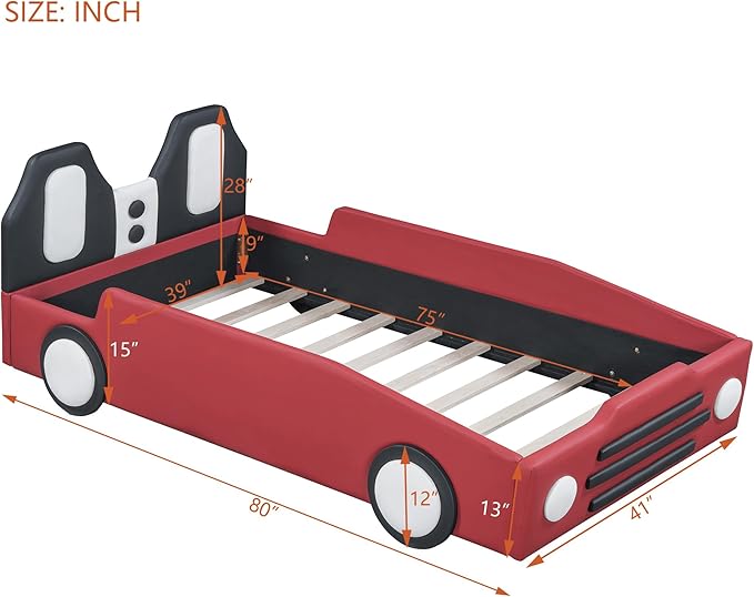 Twin Size Race Car Bed for Kids, PU Car-Shaped Bedframe with Wheels and Side Rails for Boys,Girls, Wood Slat Support, No Box Spring Needed,White