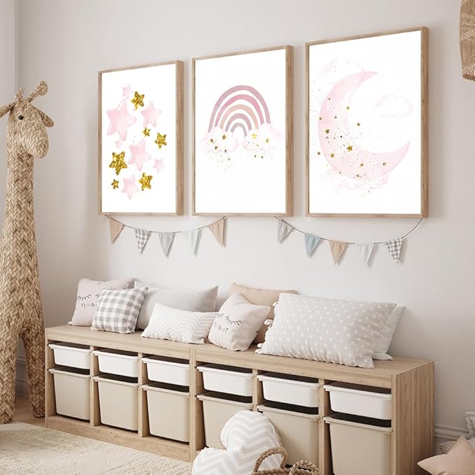 LUHDFYS Pink Moon and Stars Canvas Wall Art Print,Modern Cute Rainbow Picture,Unframed Children's Room Decor