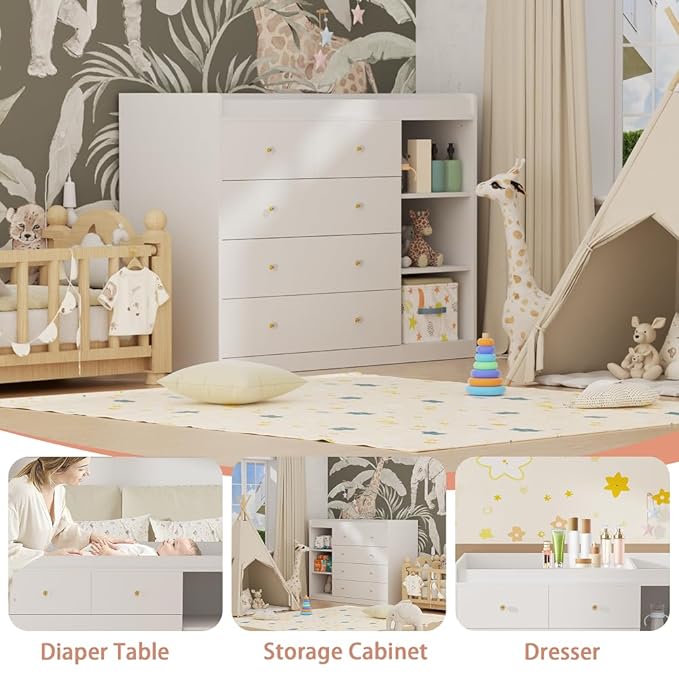 Baby Changing Table Dresser Diaper Change Table with 5 Drawers Storage Changing Station Dresser for Infant Mobile Nursery Organizer for Newborn,White