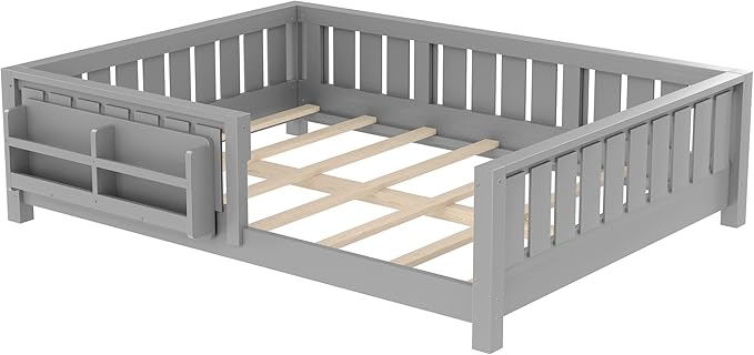 Bellemave Full Size Floor Bed with Slats and Safety Guardrail, Full Size Montessori Floor Bed with Fence and Built-in Bookshelf, Easy Assemble Montessori Beds for Kids, Girls, Boys, Gray