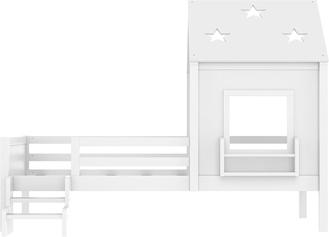 Bellemave Twin House Bed with Rails or guardrails and Bookcase, Wooden Twin House Shape Platform Bed for Boys, Girls, Teens, White