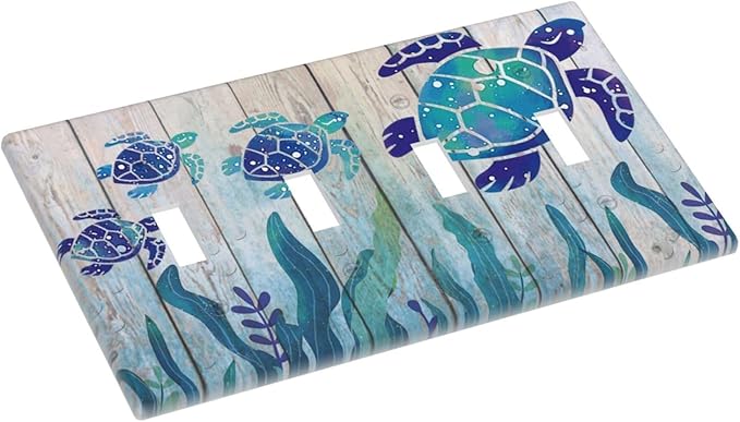 Sea Turtle Grass Seaweed on Rustic Wooden Board Quad Toggle Wall Plate Covers Decorative 4-Gang Wall Plates Ocean Grass Seaweed Electrical Switchplate for Bathroom Bedroom Kitchen Decor 4.5 X 8 In