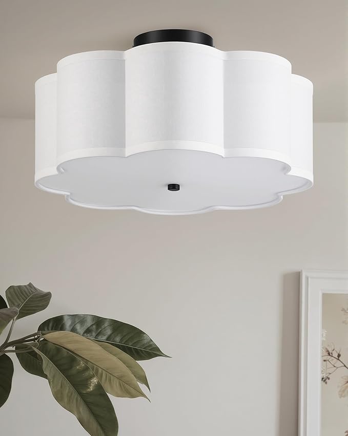 VONLUCE Semi-Flush Mount Ceiling Light, 15.7" Modern 3-Light Ceiling Light Fixture with White Petal-Shaped Shade 3 E26 Sockets for Bedroom Entryway Living Room, Black Finish, ETL Certificated