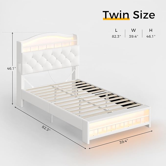 BTHFST Twin Szie Girls Bed with LED Lights & Charging Station, Princess Twin Size Bed Frame with Hidden Storage Headborad, Sturdy Platform Bed, No Box Spring Needed/Noise-Free/Easy Assembly, Beige