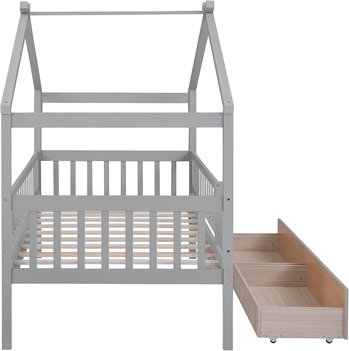 Merax Twin Size Wooden House Bed with Two Drawers, Wood Bed Frame with Roof and Safety Guardrail for Kids, Teens, Boys or Girls, Gray