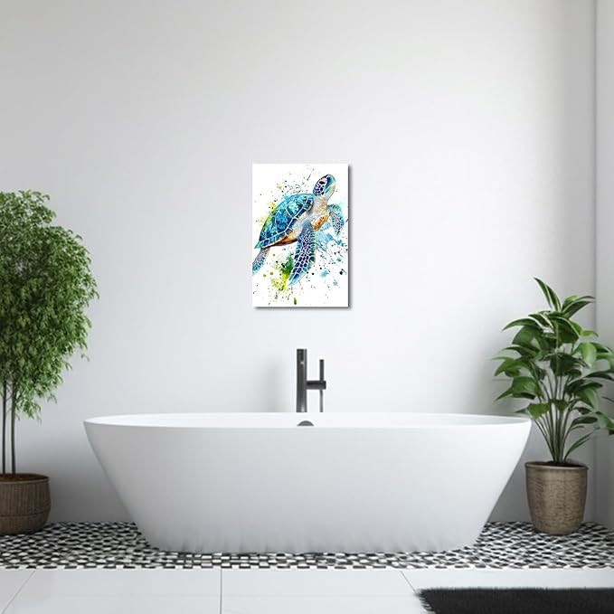 AWPANERAR Sea Turtle Wall Art Bathroom Pictures Watercolor Sea Life Canvas Prints Ocean Animal Poster Nautical Theme Artwork for Kids Room Nursery Decor Framed (White, (36L x 24W))