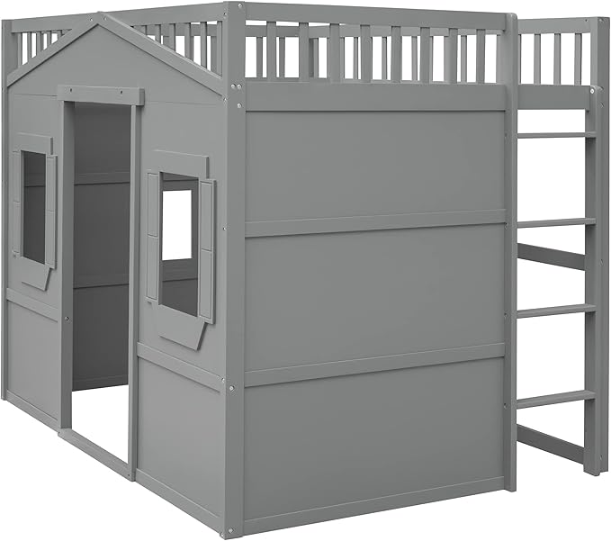 Full Size Loft Bed with Safety Guardrail for Kids Boys Girls, Playhouse Design Solid Wood Loft Bed Frame with Ladder and Windows, Strong Wood Slats Support, Space-Saving (Gray)