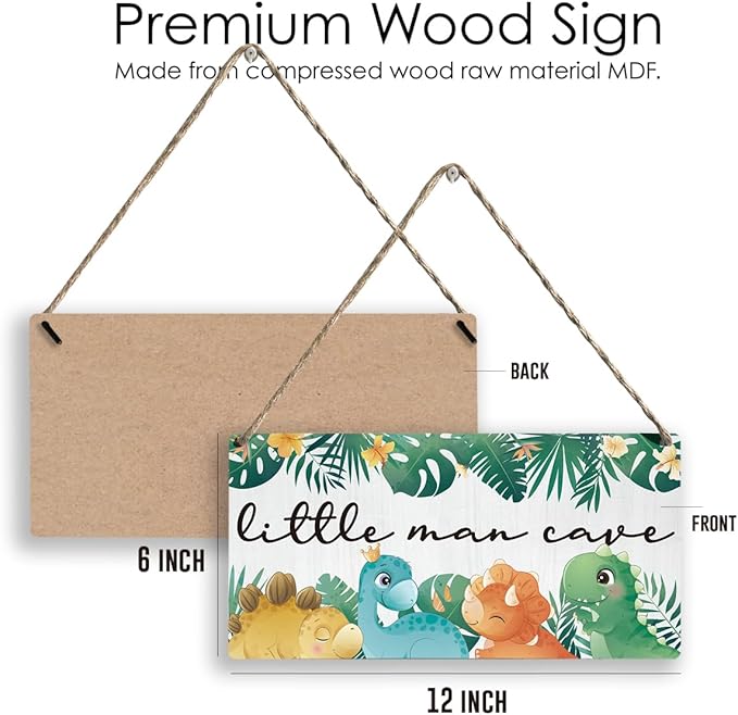 Little Man Cave Sign Dinosaur Woodland Nursery Room Decor for Baby Bedroom Jungle Safari Dinosaur Theme Wall Decor for Toddler Room Decor 12 × 6 Inch （Wood 4010）