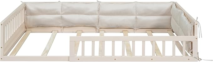 Full Size Upholstered Floor Bed with Guardrail, Montessori Platform Bed Frame for Kids and Toddlers, Wood Slat Support, No Box Spring Needed (Beige + Solid Wood+MDF + Full)