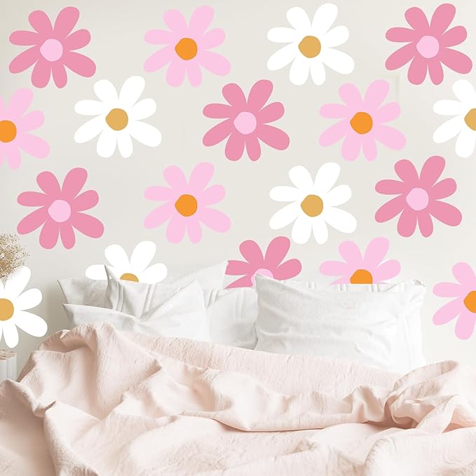 TaoBary 12 Sheets Daisy Wall Decal Flower Wall Sticker Cute Daisy Sticker Pink White Flower Decal Peel and Stick Floral Wallpaper for Nursery Bedroom Home Decor(Classic Color,Delicate Style)