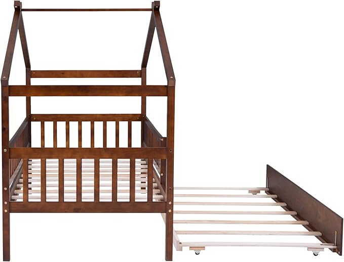 Harper & Bright Designs Twin House Bed with Trundle, Kids Twin Platform Frame Rails and Roof, Tent Bed, Wood Playhouse Twin Montessori for Teens Girls & Boys, No Box Spring Needed (Walnut)