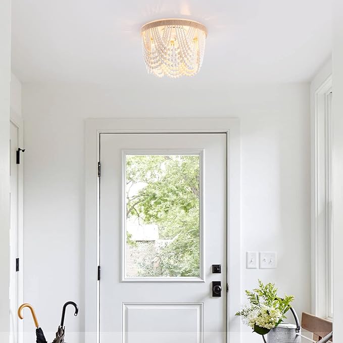 VILUXY Bohemia Wood Beaded Flush Mount Ceiling Light Antique Rustic Mini Chandelier White Finishing for Bedroom,Nursery Room, Girl Room, Hallway, Entryway, Passway, Dining Room, 3-Light UL Listed