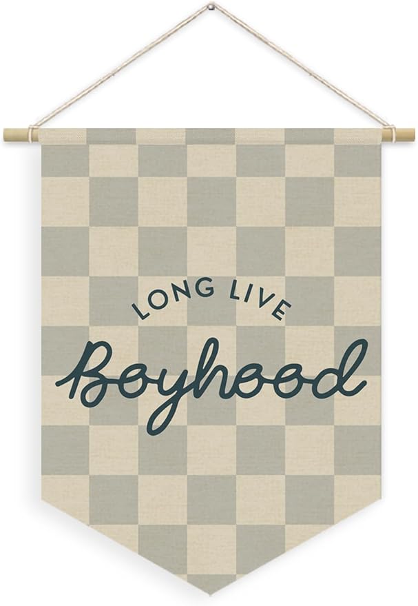 Boys Room Decor, Long Live Boyhood Boy Nursery Linen Canvas Banner, Grey Checkered Wall Hanging Pennant Flag Banner for Boys Nursery Kids Toddler Room Bedroom Playroom Decor, 15x11in