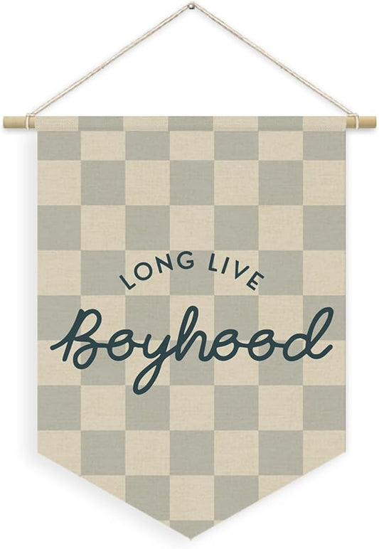 Boys Room Decor, Long Live Boyhood Boy Nursery Linen Canvas Banner, Grey Checkered Wall Hanging Pennant Flag Banner for Boys Nursery Kids Toddler Room Bedroom Playroom Decor, 15x11in