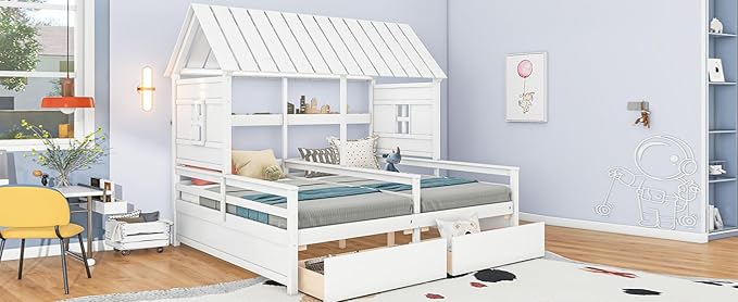 Harper & Bright Designs Twin Size House Platform Beds with Two Drawers for Boy and Girl Shared Beds, Combination of 2 Side by Side Twin Size Beds,White