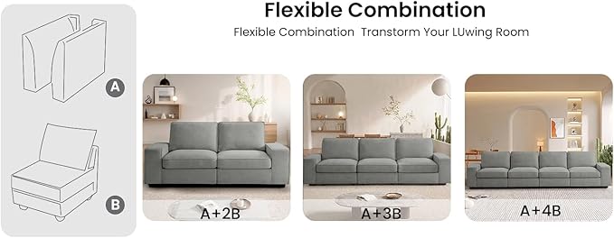 TEKAMON Middle Seat with Storage, Modular Sofa Couch, Light Grey