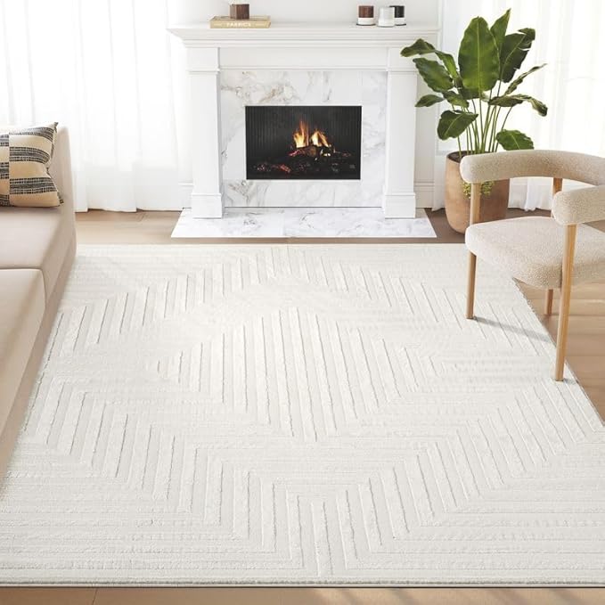 Abani Neutral Cream Area Rug 4' x 6' for Living Room, Bedroom - Tone-on-Tone Geometric Design - Durable & Easy to Clean