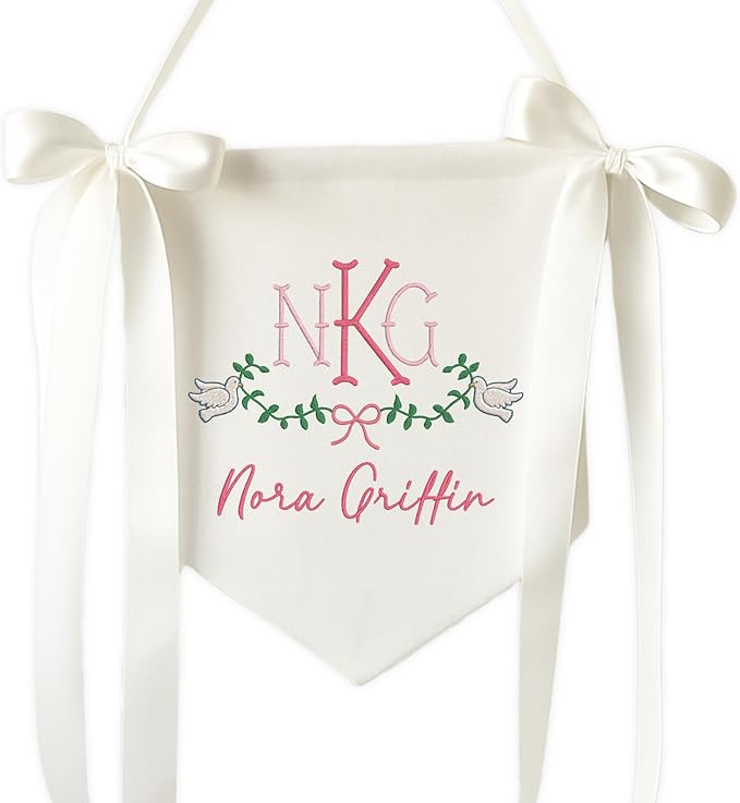 Embroidered Baby Name Sign with Bows Personalized Baby Announcement Sign Newborn Baby Banner Baby Hospital Name Sign Canvas Hanging Pennant Flag Custom Infant Baby Name Baby Shower Banner (05)