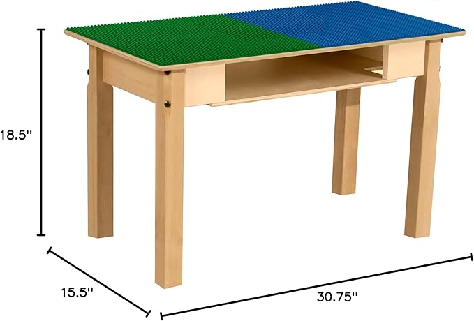 Contender Time-2-Play Montessori Toddler's 30.75" Rectangular Plywood Blue & Green Lego Blocks Compatible Table with Shelf, Solid Wood Desk for Playroom/Daycare/Preschool [18" Long Legs]