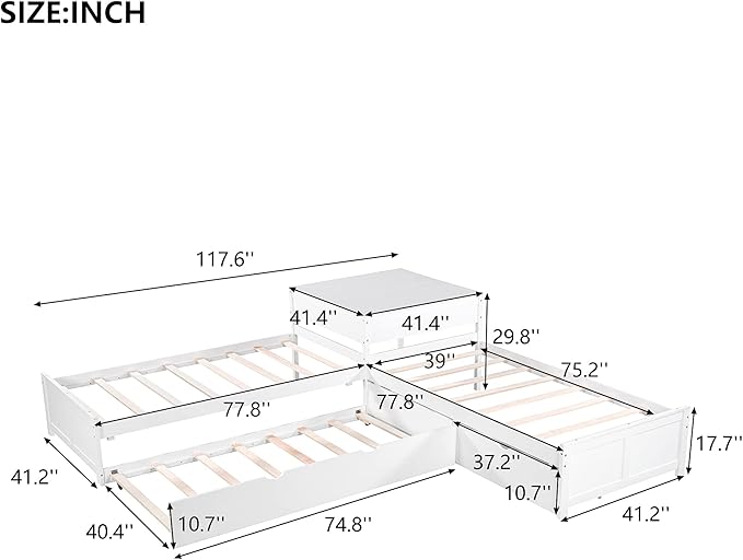 Harper & Bright Designs L-Shaped Platform Bed Frame with Trundle and Drawers Linked with Built-in Desk for Kids Boys Girls, Twin, White