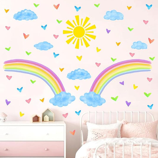 Colorful Rainbow Wall Stickers Watercolor Sun Clouds Wall Decals Cute Hearts Stickers for Girls Removable Peel and Stick Large Rainbow Decals for Girls Kids Room Nursery Classroom Decor