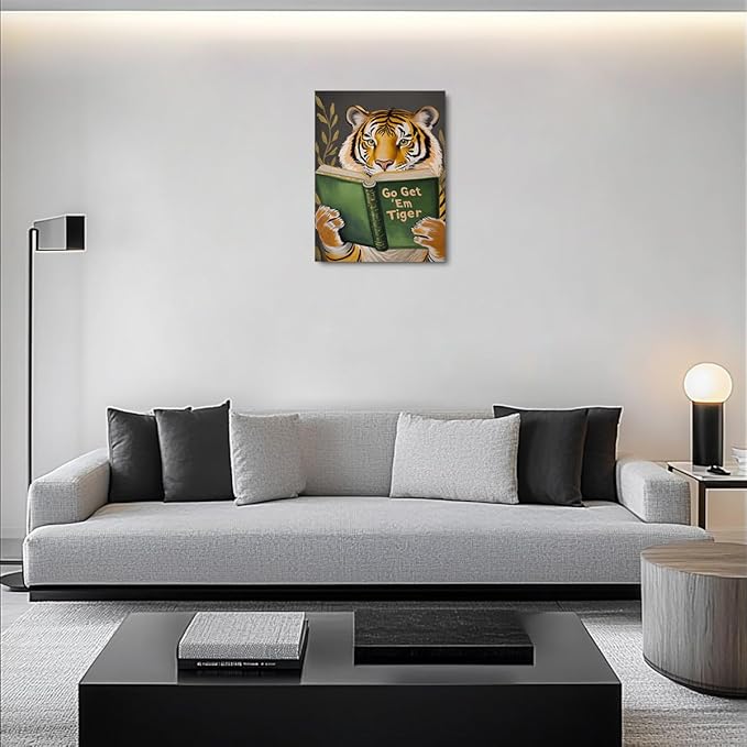 Motivational Tiger Reading Book Lovers Gifts Bookish Gifts Wall Decor Canvas Wall Art Framed Prints Artwork for Home Living Room Library Office Humorous Study Decorations Painting 11.5X14.5 Inch
