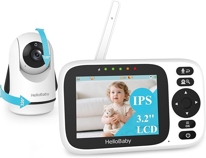 HelloBaby Baby Monitor with Camera and Audio, 3.2'' IPS Screen, No WiFi, 2-Way Talk, Night Vision, Remote Pan-Tilt-Zoom, VOX/ECO Mode, 8 Lullabies, 1000ft Range, Temperature Display, HB6339