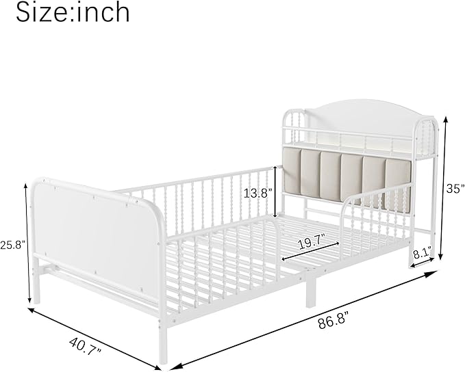 Ball & Cast Twin Size Toddler Bed W/LED Light,Metal Bed W/Linen Fabric Upholstered Storage Headboard,Platform Bed Frame W/Safety Guardrails & Low Profile Design,for Boys Girls,White