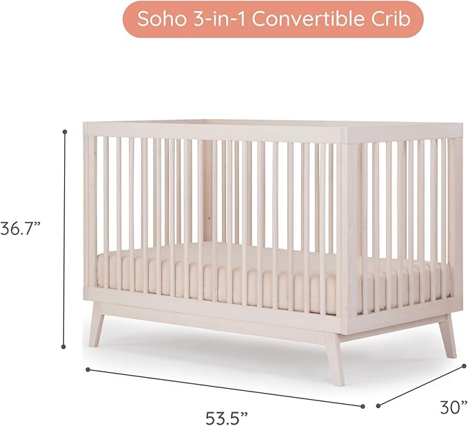 dadada Baby Soho 3 in 1 Convertible Wooden Crib to Toddler Bed - Made in Italy, GREENGUARD Gold Certified, Baby-Safe Finish, Sustainable Beech Wood, Modern Design, 3 Adjustable Heights (Natural Wash)