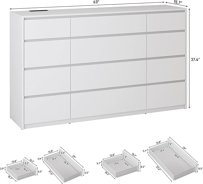 White Malm Dresser for Bedroom, 63" Wide 37" Tall Dresser with 12 Drawers & Charging Station, Modern Large Wood Chest of Drawers Handle Free for Bedroom, Living Room, Entryway, Hallway, White