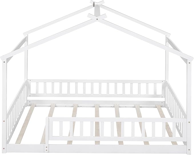 Merax Full Size Wooden House Bed with Fence, Wood Bed Frame with Roof and Safety Guardrail for Kids, Teens, Boys or Girls, 57" L x 62.9" W x 79.5" H, White