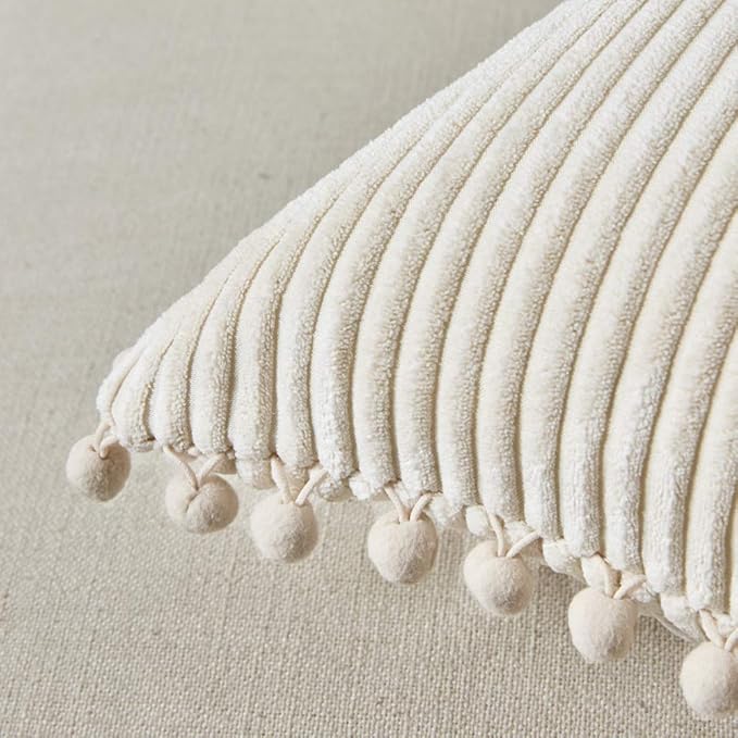 Fancy Homi Pack of 2 Corduroy Soft Decorative Throw Pillow Covers with Pom-poms, Solid Square Cushion Case Pillow Cases Set for Couch Sofa Bedroom Car Living Room (24x24 Inch/60x60 cm, Cream)