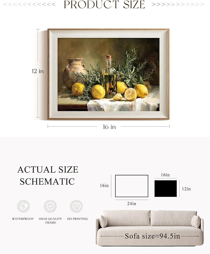ARPEOTCY Framed Canvas Wall Art, 12x16 Vintage Lemon & Olive Oil Still Life Painting, Rustic Kitchen Wall Decor, Farmhouse Dining Room Food Artwork for Home Decoration