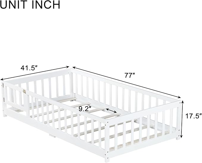Bellemave Twin Size Floor Bed for Kids, Girls, Boys, Rubber Wood Floor Bed with slats and Door, White