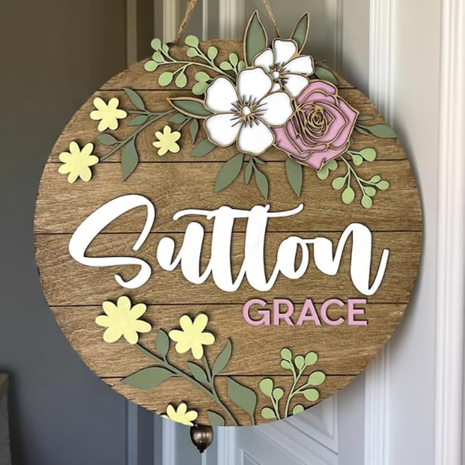 Custom Plaque with Engraved Name and Flowers – Personalized Wooden Name Signs for Nursery with Flowers, Baby Girl's Custom Name Sign Flower Room Decor, Gift for Newborn
