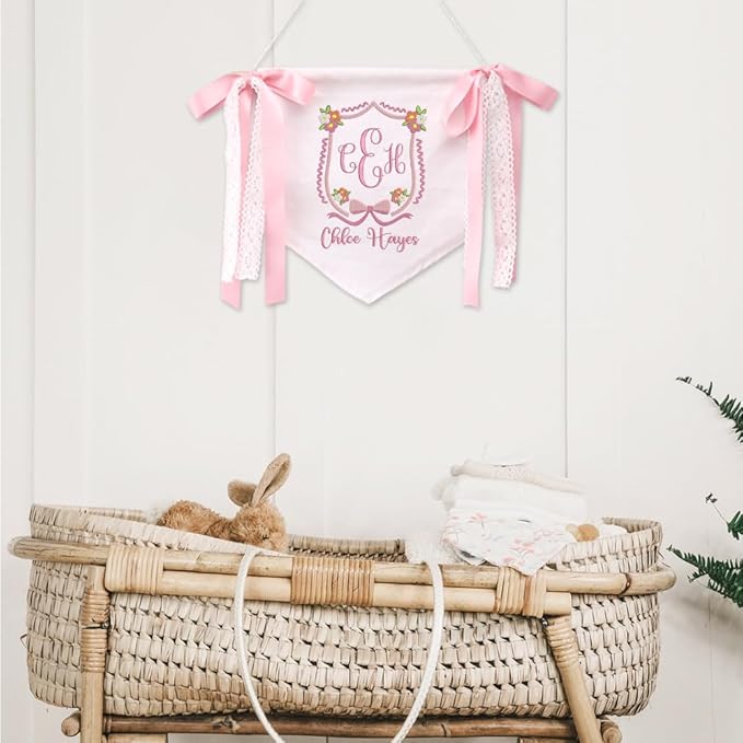 Embroidered Baby Name Sign with Bows Personalized Baby Announcement Sign Newborn Baby Banner Baby Hospital Name Sign Canvas Hanging Pennant Flag Custom Infant Baby Name Baby Shower Banner (02)