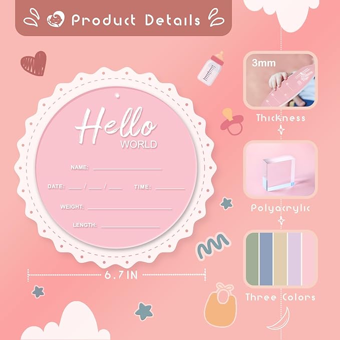 Baby Announcement Sign, 6.7 Inch Hello World Newborn Sign, Thickness Upgrade Baby Birth Sign for Nursery Hospital Newborn Photo Props Essentials (Pink)