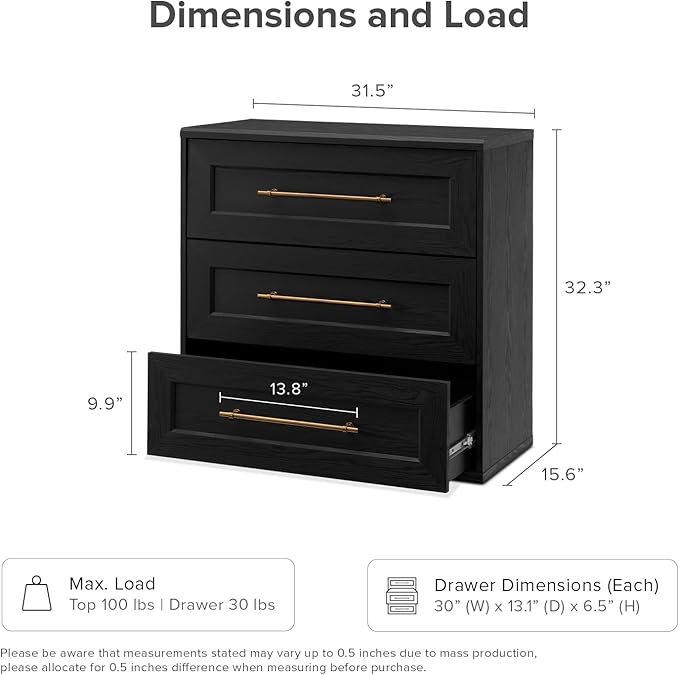 mopio Blake 3 Drawer Dresser for Bedroom, Chest of Drawers, Wood Dresser Organizer, Modern Farmhouse, Tall Night Stand, Enhanced Safety, Sturdy Compliant (2, Black Oak, One Size)