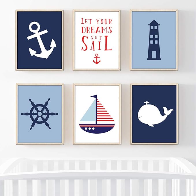Andaz Press Ocean Nautical Sailor Theme Nursery Kids Bedroom Hanging Wall Art Decor, 8.5x11-inch, Navy Blue Theme, Boat, Anchor, Lighthouse, Whale, 6-Pack, Unframed Room Poster